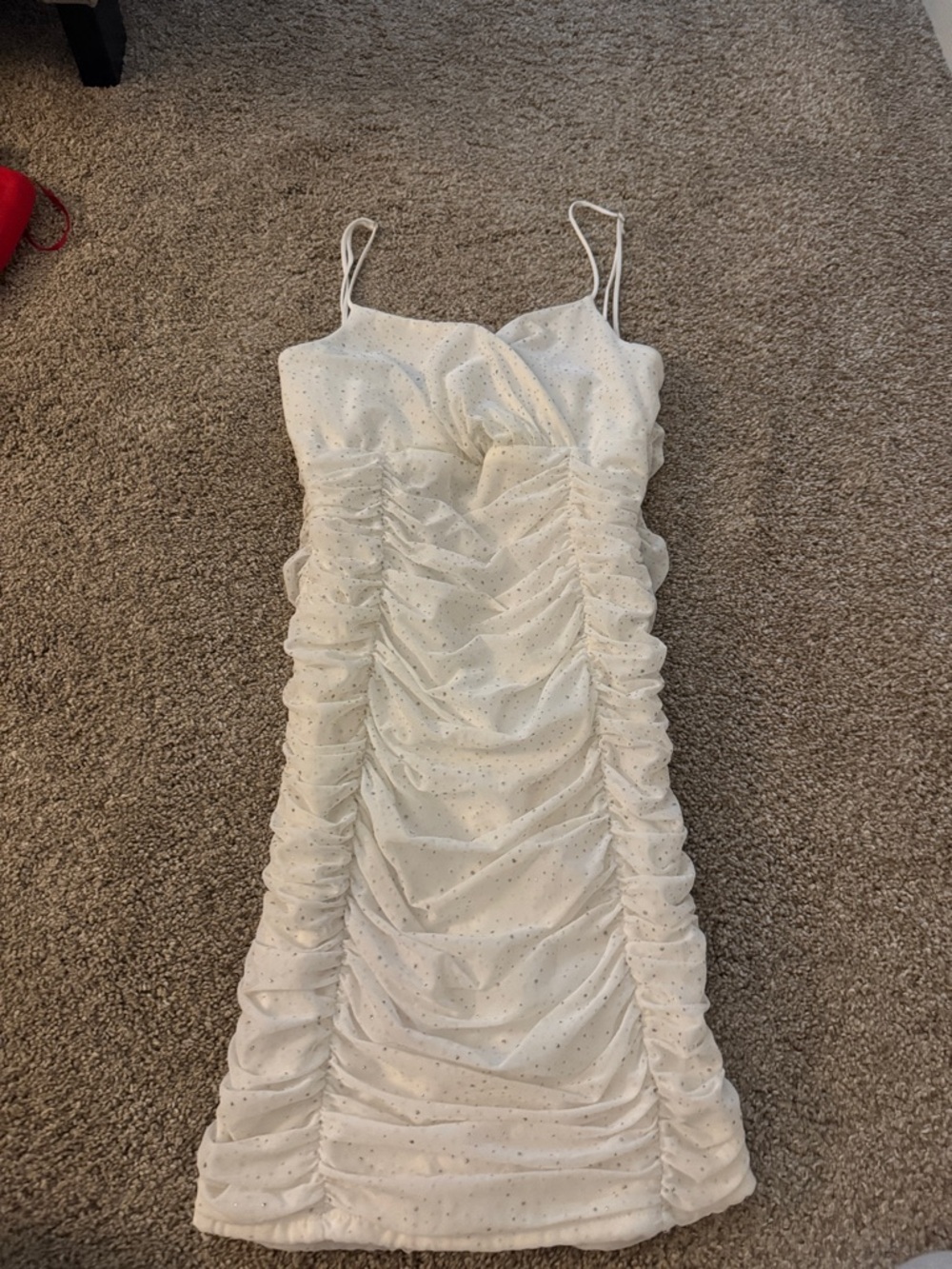 Lucy in the Sky White Ruched Spaghetti Strap Mini Dress